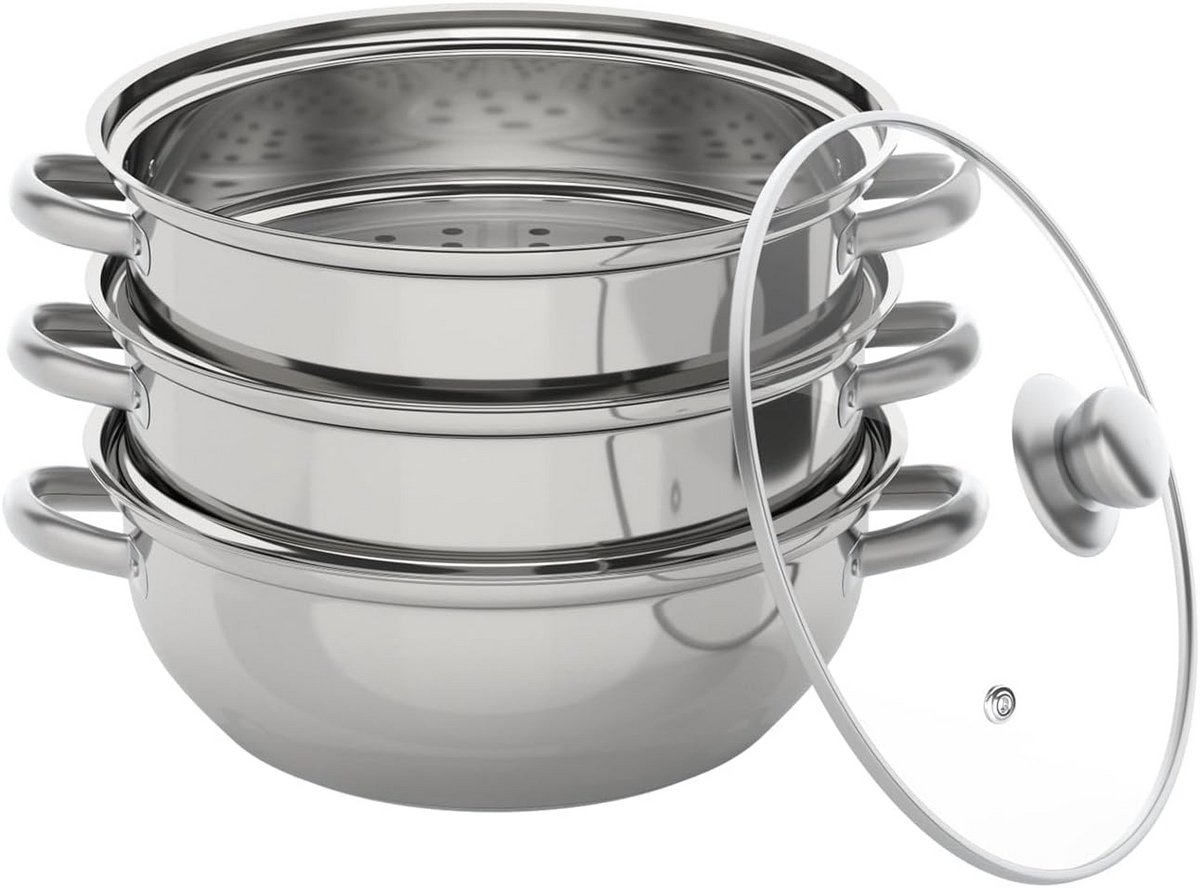 Stoompan - Stoommandje - Stoofpan met Deksel - 3 Laags - Zilver met Zwart - restaurant kwaliteit