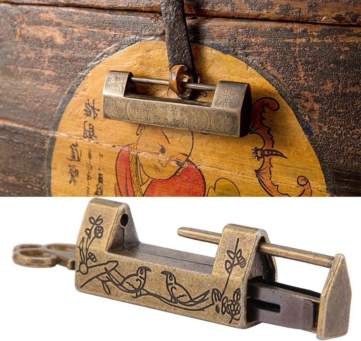 Vintage Bloem Sleutelhanger met Sleutel voor Sieradenbox of Lade in Bronzen Afwerking