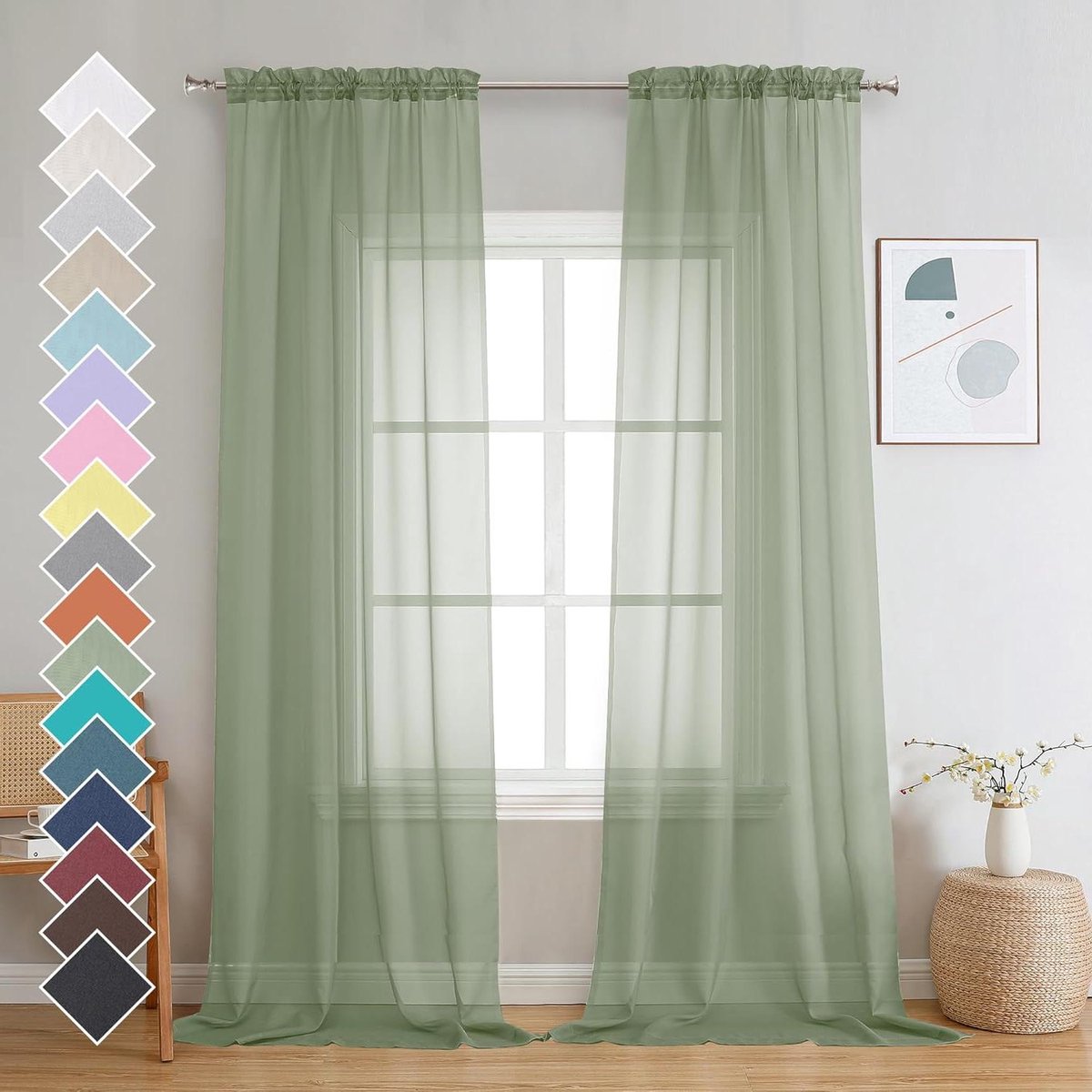Slaapkamer Gordijnen - Voile Gordijnen - Woonkamer Decoratie - Licht en Luchtig - 274 cm Lengte - Salie Groen
