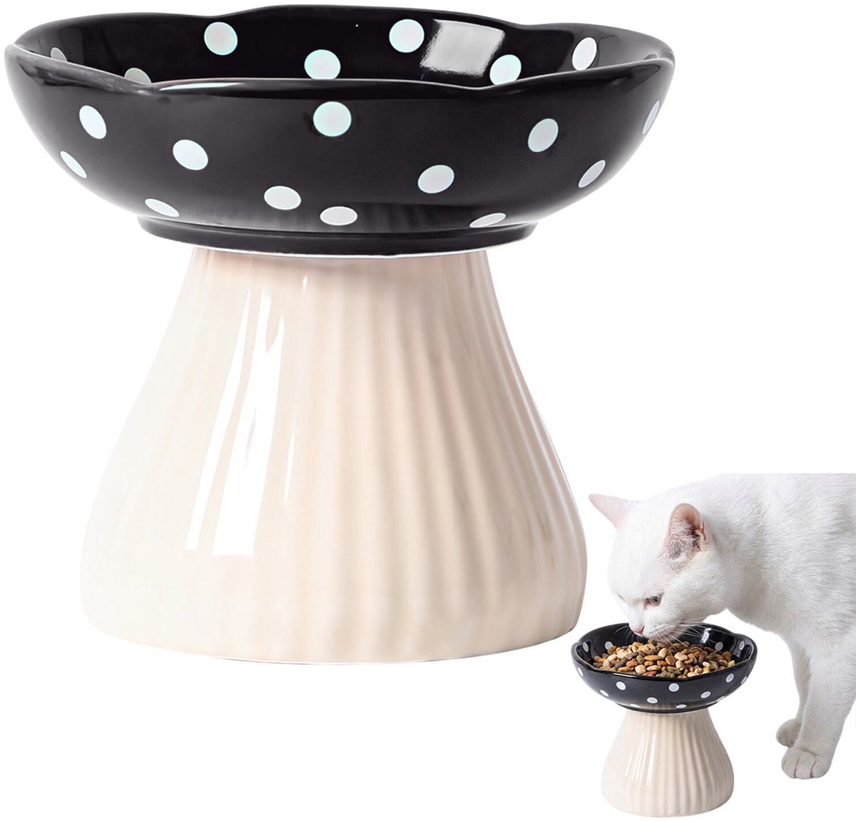 MAGICSHE Voerbak Kat Verhoogd Keramiek - Schattige Paddenstoel - Katten Eetbak Op Standaard - Voerbak Voor Kat En Kleine Hond Zwart