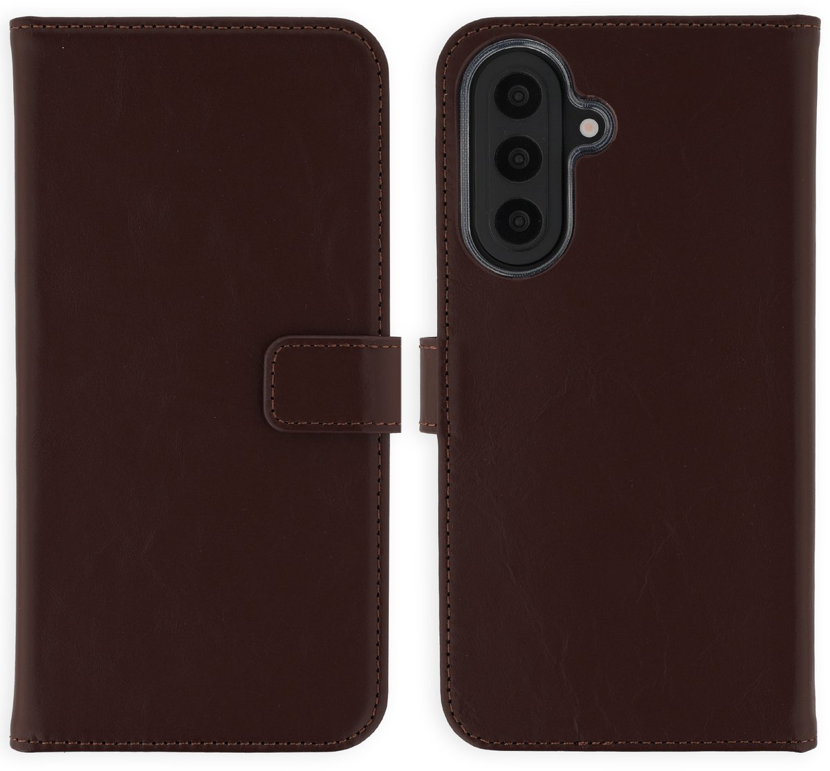 Selencia Hoesje - Geschikt voor Samsung Galaxy A57 (5G) - Echt Lederen Bookcase - Donkerbruin