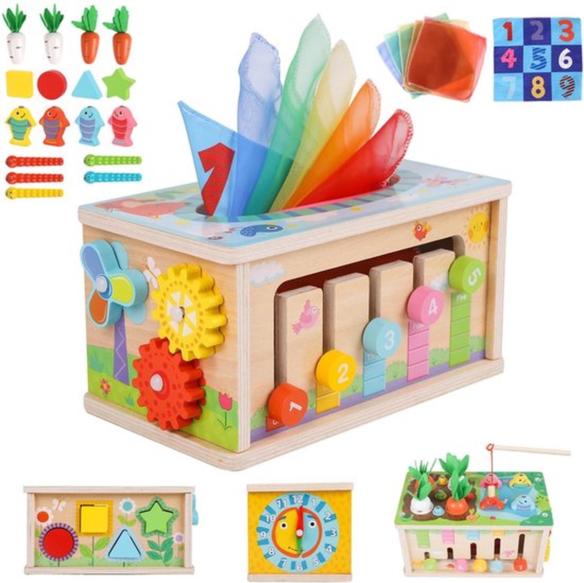 Montessori 6-in-1 Activiteitendoos - voor kinderen van 36 maanden, Houten kubus met Leerklok en Vormenstoof, 3 jaar babyverjaardagscadeau