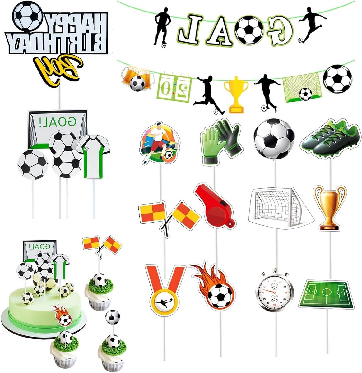 Voetbal Taartdecoratieset van 19 Stukken – Versieringen voor Verjaardagsfeest – Inclusief Doel Slingers, Tafelversiering en Cupcake Toppers – Ideaal voor Sportfeest en Voetbalthema
