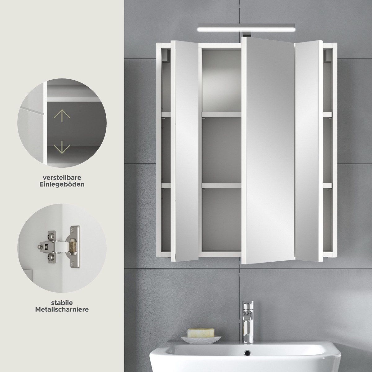 Spiegelkast Ice Xonox Met Verlichting - 60x55x46 Cm - Wit - Xonox - Badkamer Spiegelkast - Wit - Spaanplaat