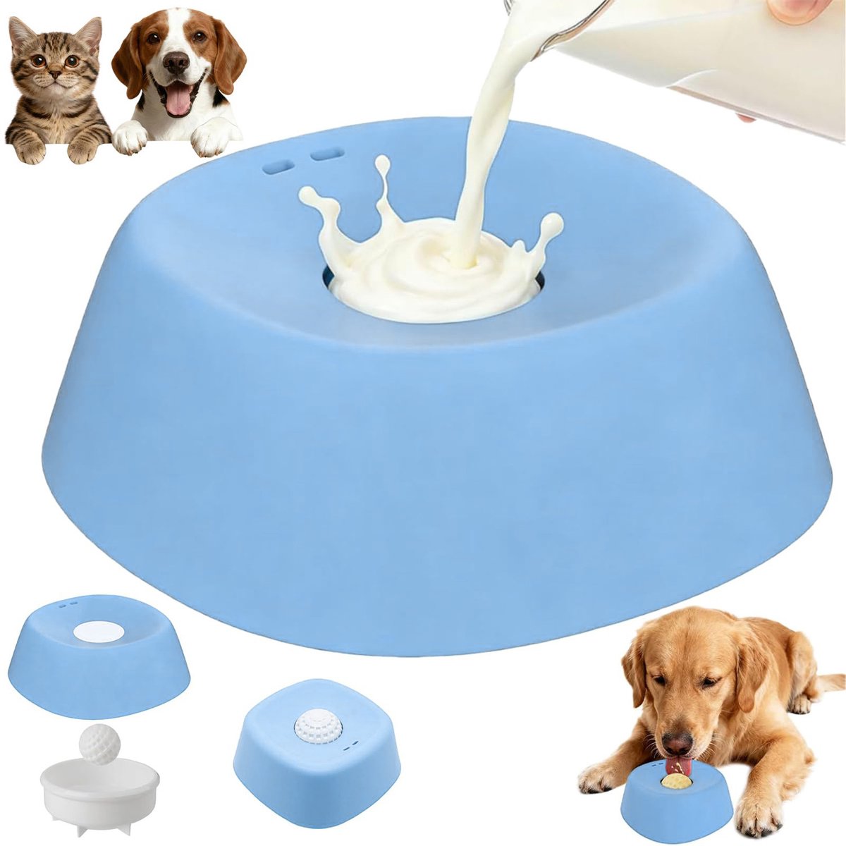 Slowfeeder hondenbak voor vloeibaar voer met rollende bal - Anti-slip likspeelgoed voor natvoer, water en snoepjes - Interactieve kom voor honden en katten - Cadeau voor grote, middelgrote en kleine huisdieren - Blauw-wit