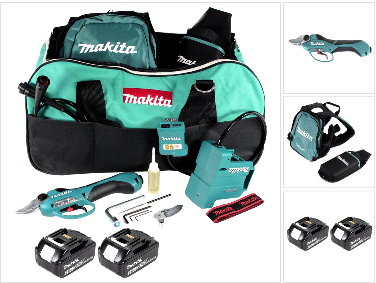 Makita DUP 361 G accu-snoeischaar takkenschaar 36 V (2x 18 V) + 2x accu 6,0 Ah + tas - zonder oplader