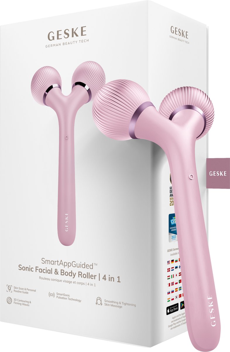 GESKE | SmartAppGuided™ Sonic Facial & Body Roller | 4 in 1 | Dermaroller | Apparaat voor gezicht en lichaam | Dermarol | Professionele gezichtsroller | Verstevigt en definieert lichaam en gezicht