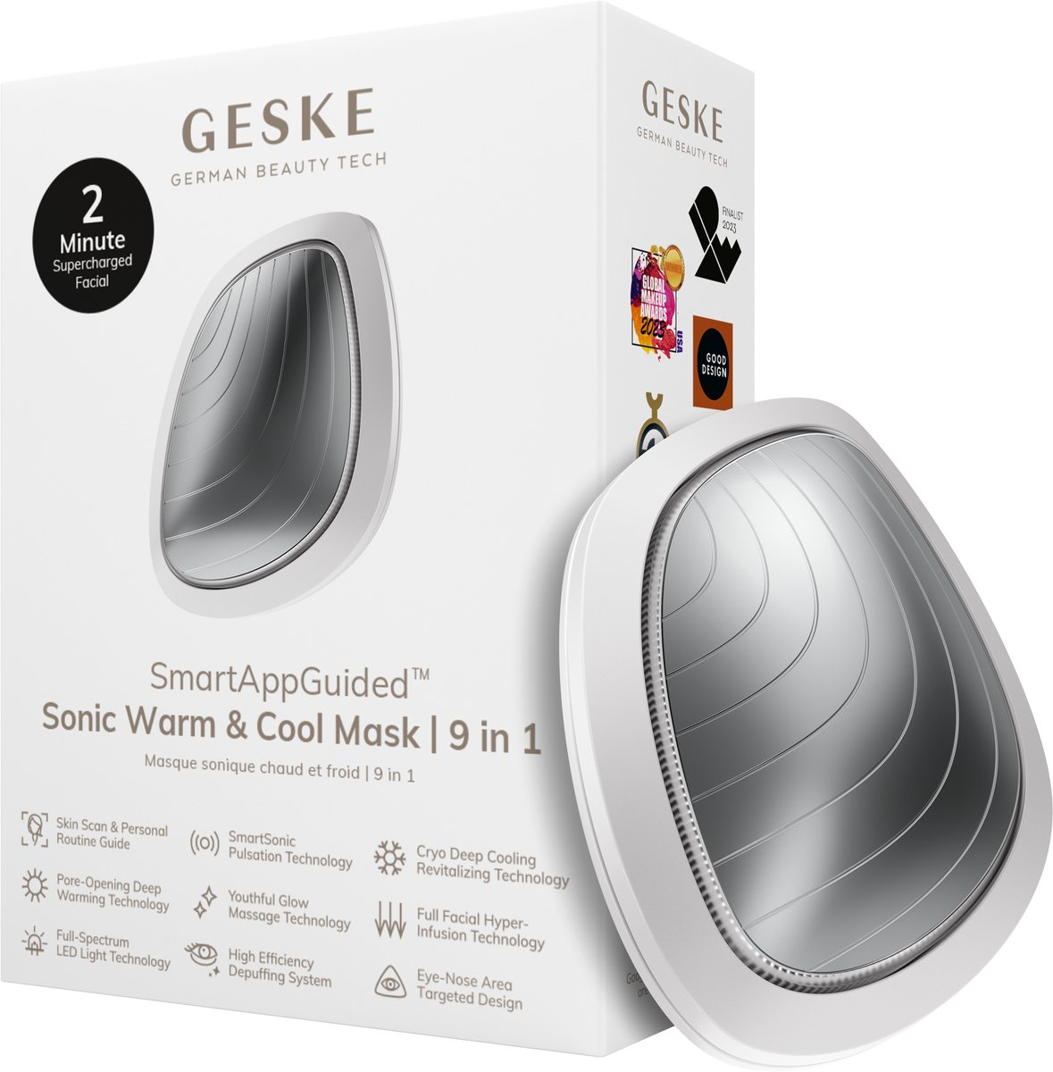 GESKE | SmartAppGuided™ Sonic Warm & Cool Mask | 9 in 1 | Beauty LED-gezichtsmasker | Volledig LED-spectrum en roodlichttherapie | Warmte | Koeling | Verhoogde inname van gezichtsverzorging