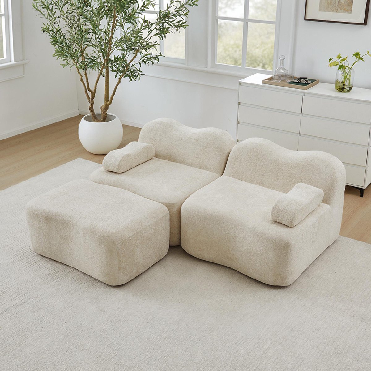 KOMHTOM BLACKCOLORS Boneless modulaire L-vormige 2-zitsbank met 1 chaise longue, golvende vorm, verplaatsbaar armleuningkussen, voor woonkamer en appartement, geen montage nodig, beige