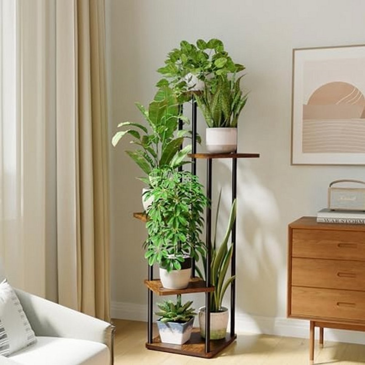 Sierra, Plantenstandaard Binnen Hoge Planken Voor Meerdere 5-laags Planten Hoek Plantentafel Gestapelde Bloemenstandaard Voor Woonkamer Slaapkamer Balkon Bruin