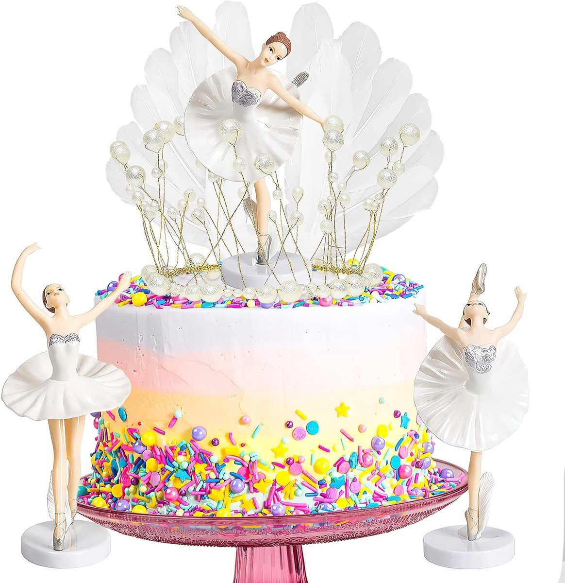 Set van 5 Taartdecoraties met Ballerina, Regenboog Slingers en Gelukkige Verjaardag - DIY Verjaardagstaart Accessoires voor Feestjes en Vieringen