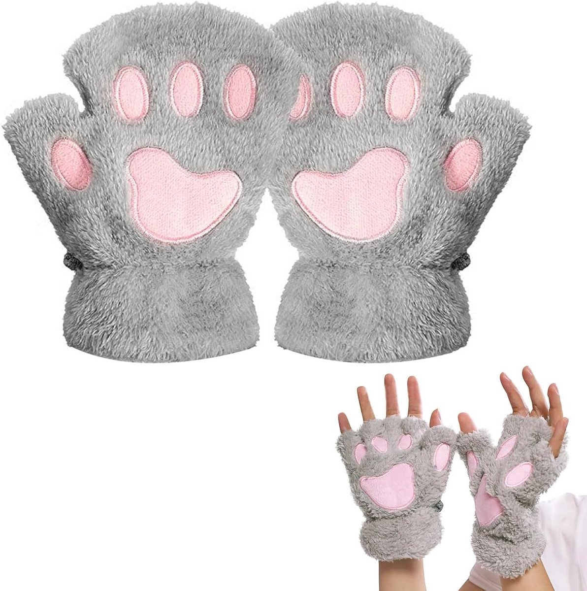 Dikke Warme Vingerloze Handschoenen voor Dames en Meisjes met Cartoon Dierenthema en Pluche Afwerking voor de Winter