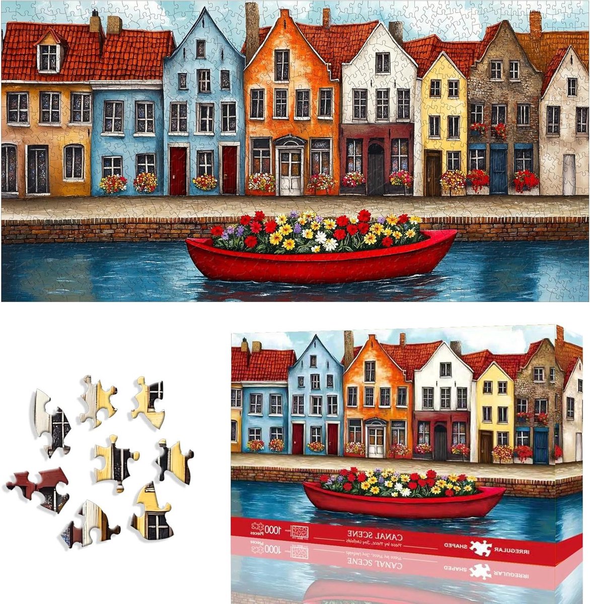 Grachtenpuzzel 1000 Stukjes - Legpuzzel Volwassenen - Ontspanning met Familie - Onregelmatige Vormen - 80 x 41 cm - Kanaal Scène