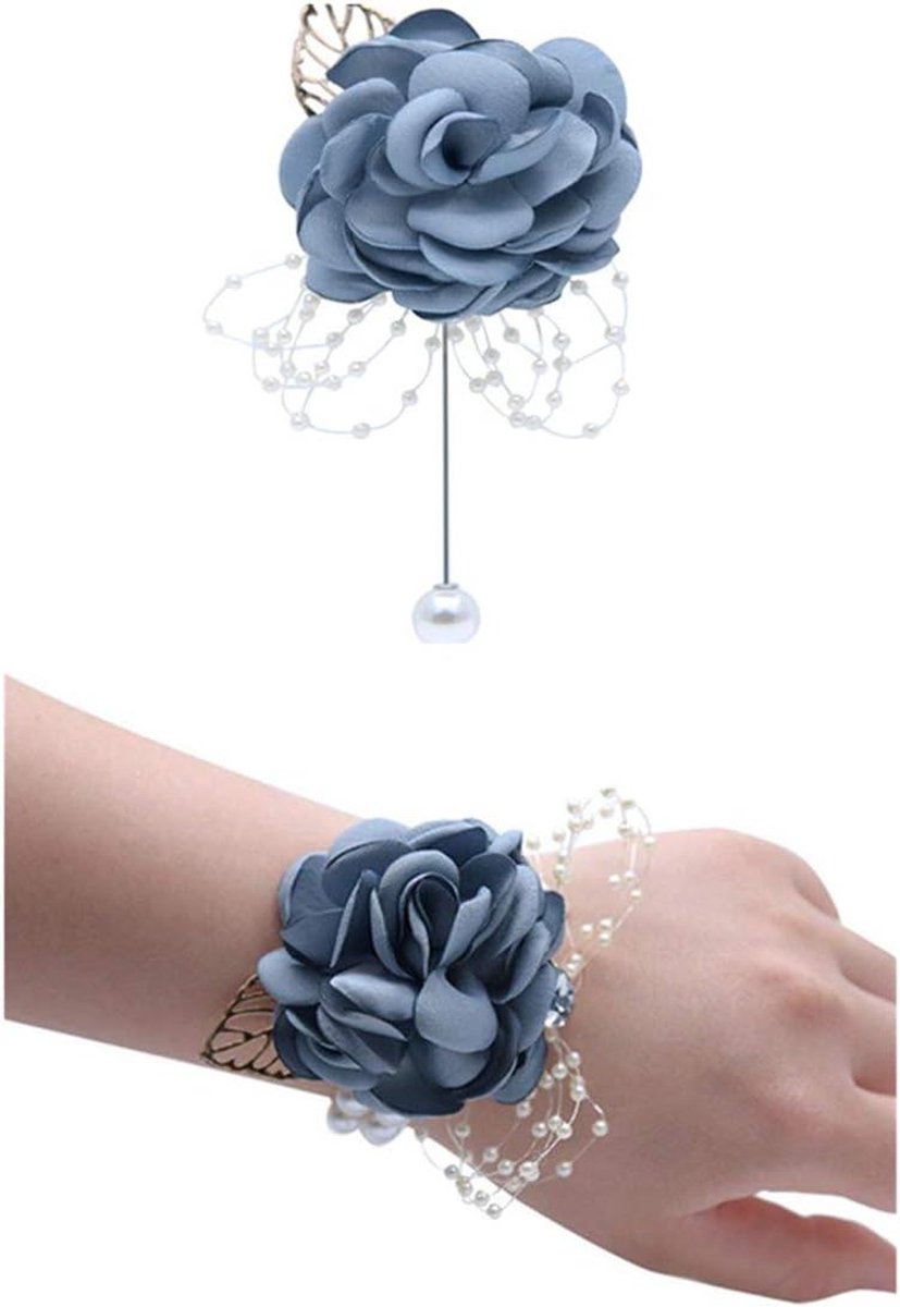 Pols Corsage Boutonniere Set - Polsbloem Bruidegom Bloem - Bruiloft Feest Decoratie - Handgemaakte Zijden Bloem - 7cmx10cm - Grijs Blauw