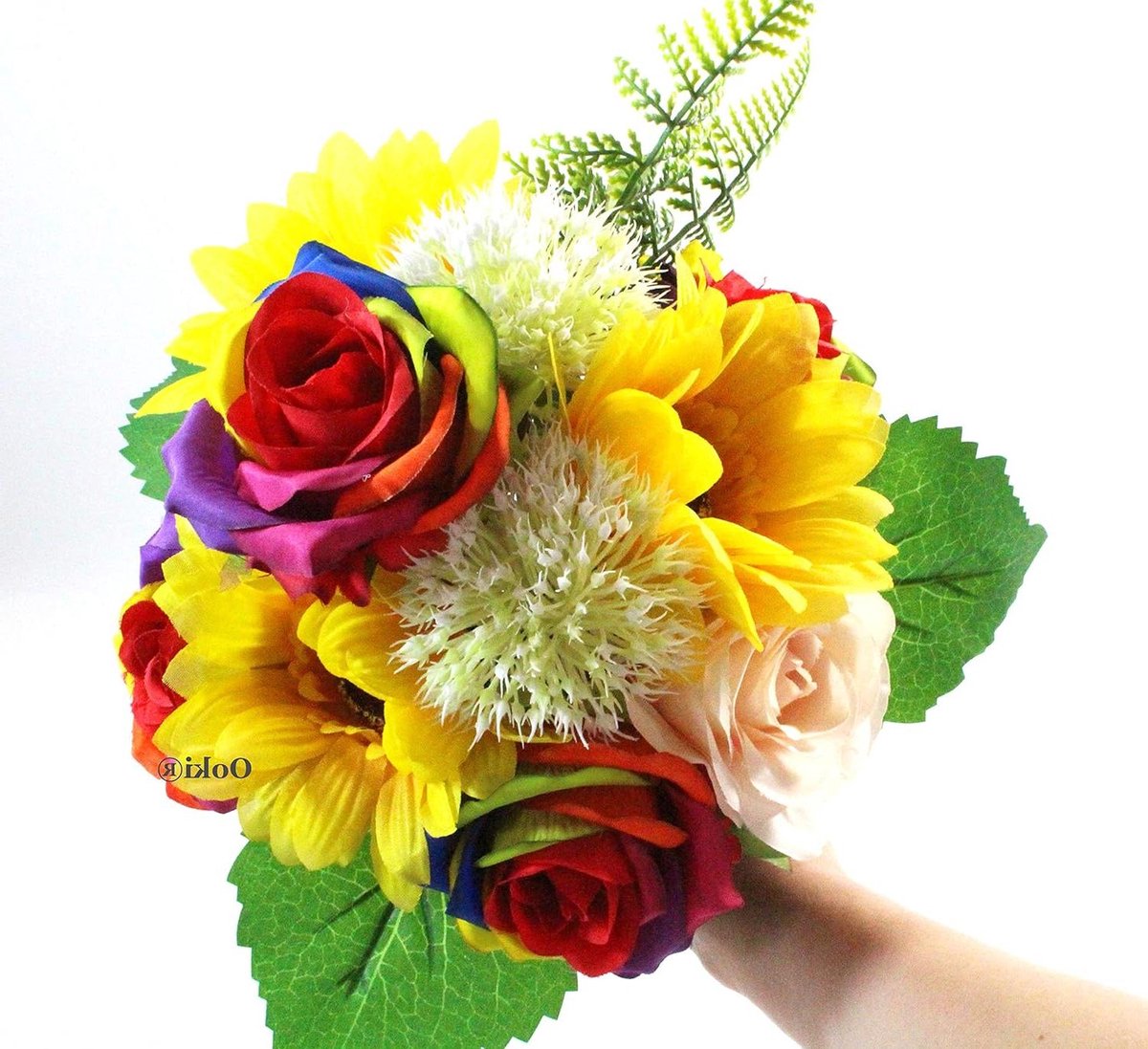 Zonnebloem Rozen Boeket - Bruidsboeket Kunstbloemen - Bruiloft Decoratie - Handgemaakt Ontwerp - 30x30x30 cm - Regenboog
