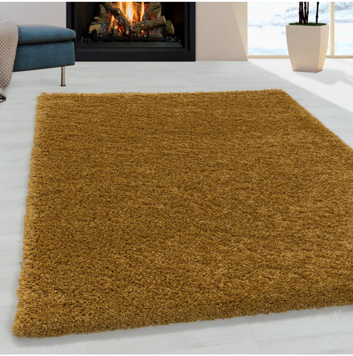TapisTrend Harig tapijt Goud 100x200 cm Shaggy design vloerkleed voor de woonkamer, zachte pool, monochroom