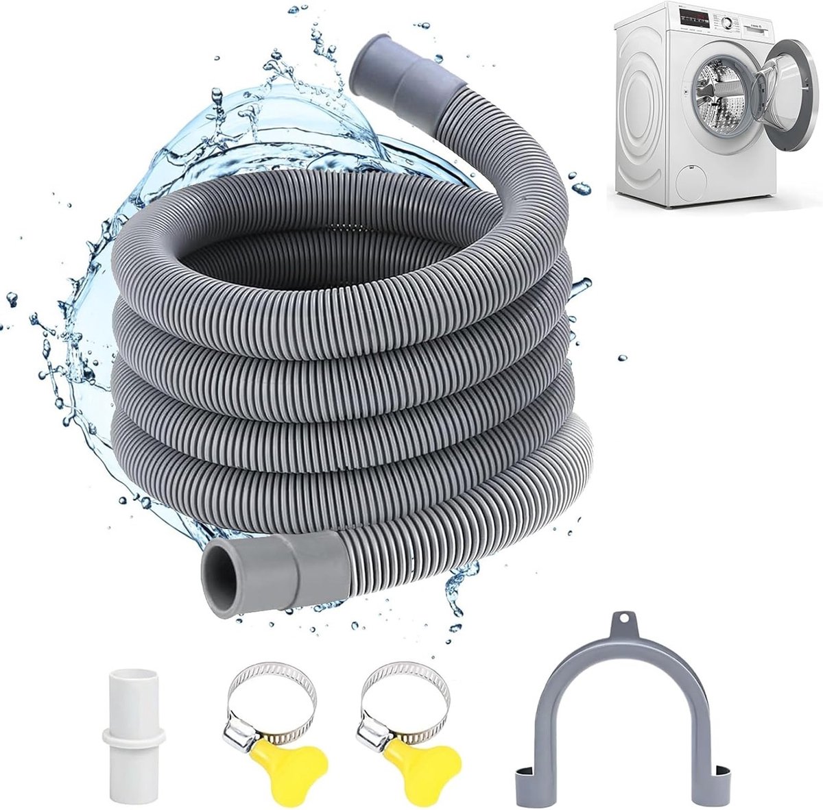 Verlengslang voor afvoer, 2 meter, met bevestigingsbeugel, slangconnector en klemmen voor wasmachine, vaatwasser en droger