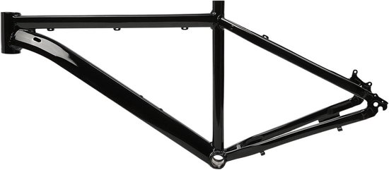 Zwart metalen fietsframe, detail van de buizen en achterbrug.