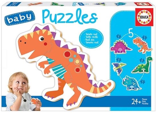 L'emballage de 'Baby Puzzles DINOS' d'Educa montre un enfant tenant un puzzle de dinosaure orange, avec le grand puzzle au premier plan.