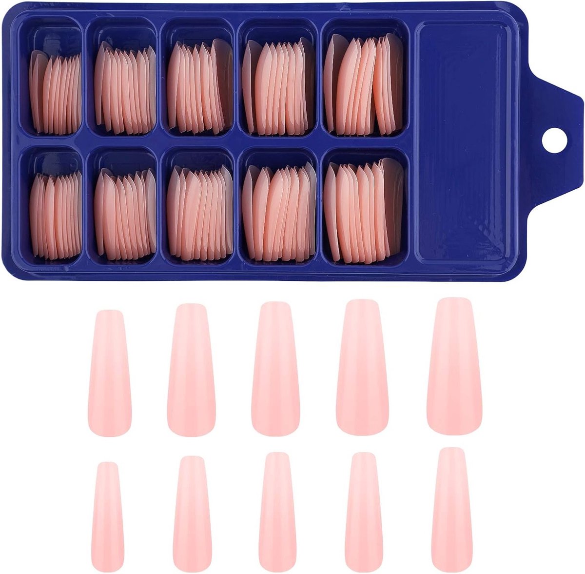 100 Stuks Lange Ballerina Nagels Volledige Dekking Acryl Nageltips met Opbergdoos voor Nagelsalons en DIY Nagelkunst in 10 Maten (Nude Roze)