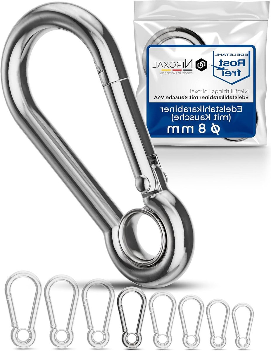 Roestvrijstalen Karabijnhaak - Musketonhaak Veerhaak - Bevestigen van Touwen - V4A Corrosiebestendig - 8 mm 80 mm - Zilver