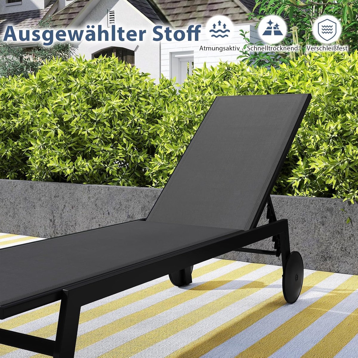 Ligbed tuin met wielen 190 x 59 x 33,5 cm – verstelbare ligstoel met 6 standen, sneldrogende textileen zonneligbed voor tuin, balkon, terras en zwembad – grijs – Nicolehome