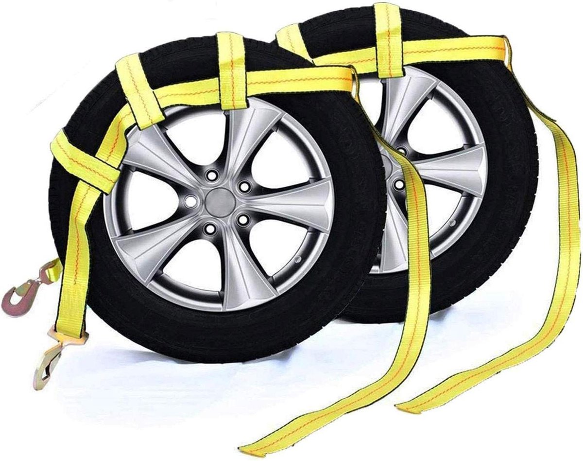 Dolly Bandenmand Strap - Wielnet Sjorband - Voertuig Beveiligen - Gedraaide Karabijnhaken - 14-17 inch - Geel