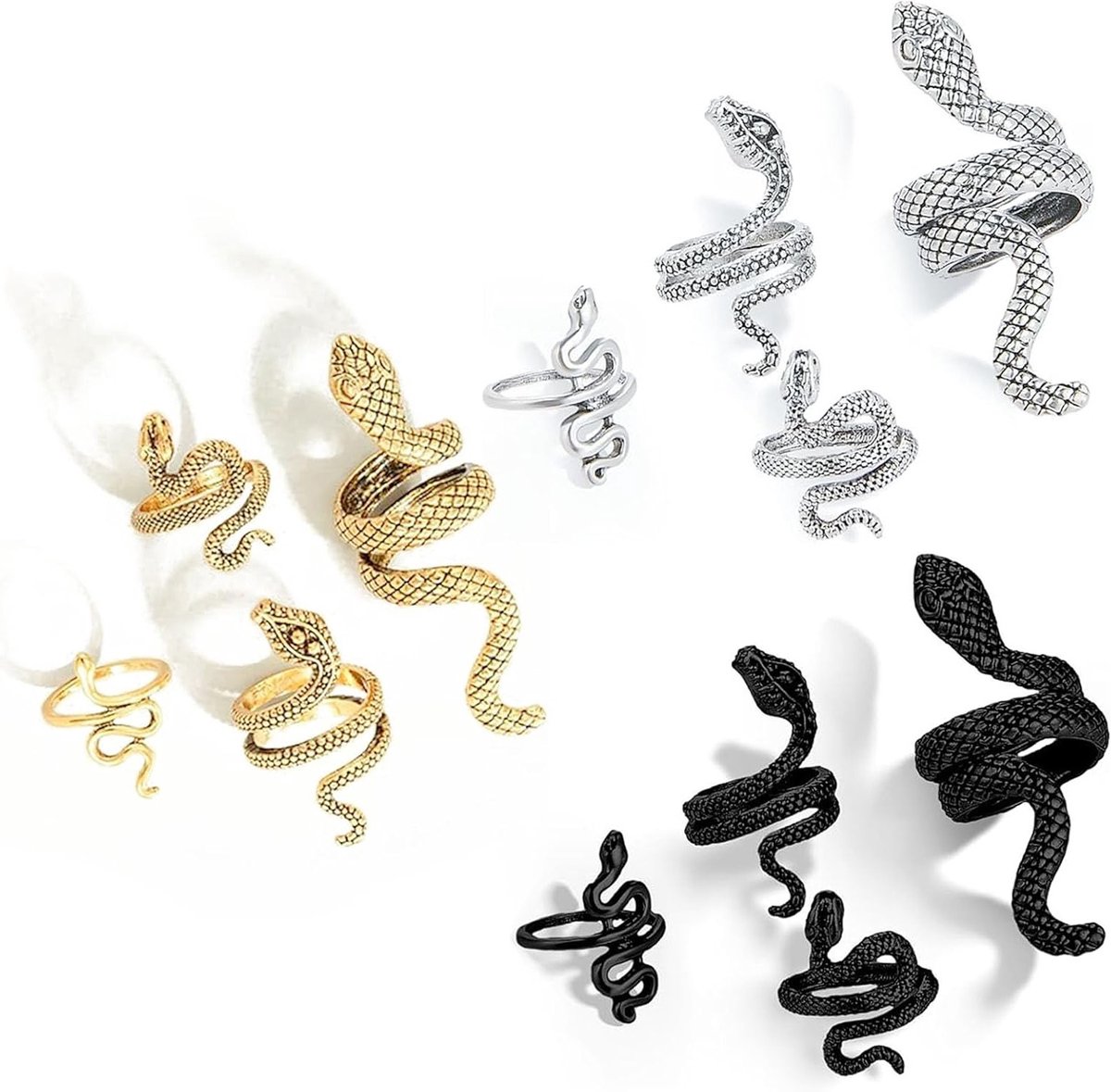 Gothic Slangenringen Set van 12 Stuks - Vintage Verstelbare Ringen voor Mannen en Vrouwen in Zilver, Goud en Zwart