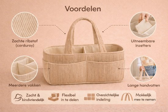 Beige Corduroy Luiermand Organizer - Commodemand - Luiertas baby - Ribstof Baby Opbergmand met Vakken en Uitneembare Inzetters - Met Handvatten — afbeelding 4
