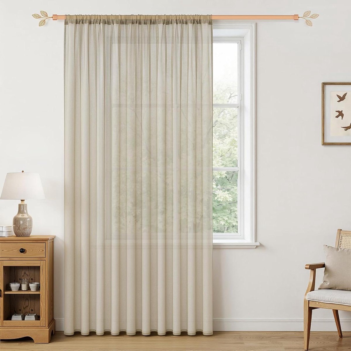 Voile gordijnen - Vitrage halftransparant - Woonkamer decoreren - Linnenlook stof - 300 x 240 cm - Beige crème
