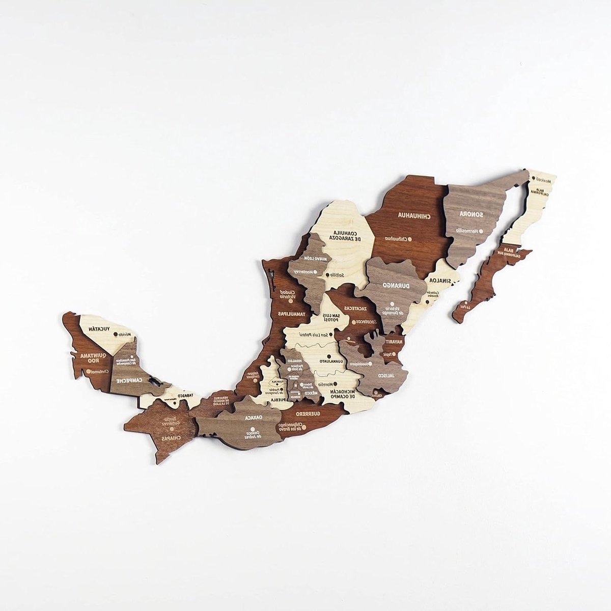 Houten Mexico Kaart - Wanddecoratie Kaart - Reizigers Inspireren - Meerlaagse 3D Constructie - 40x25 cm - Gemengde Kleuren