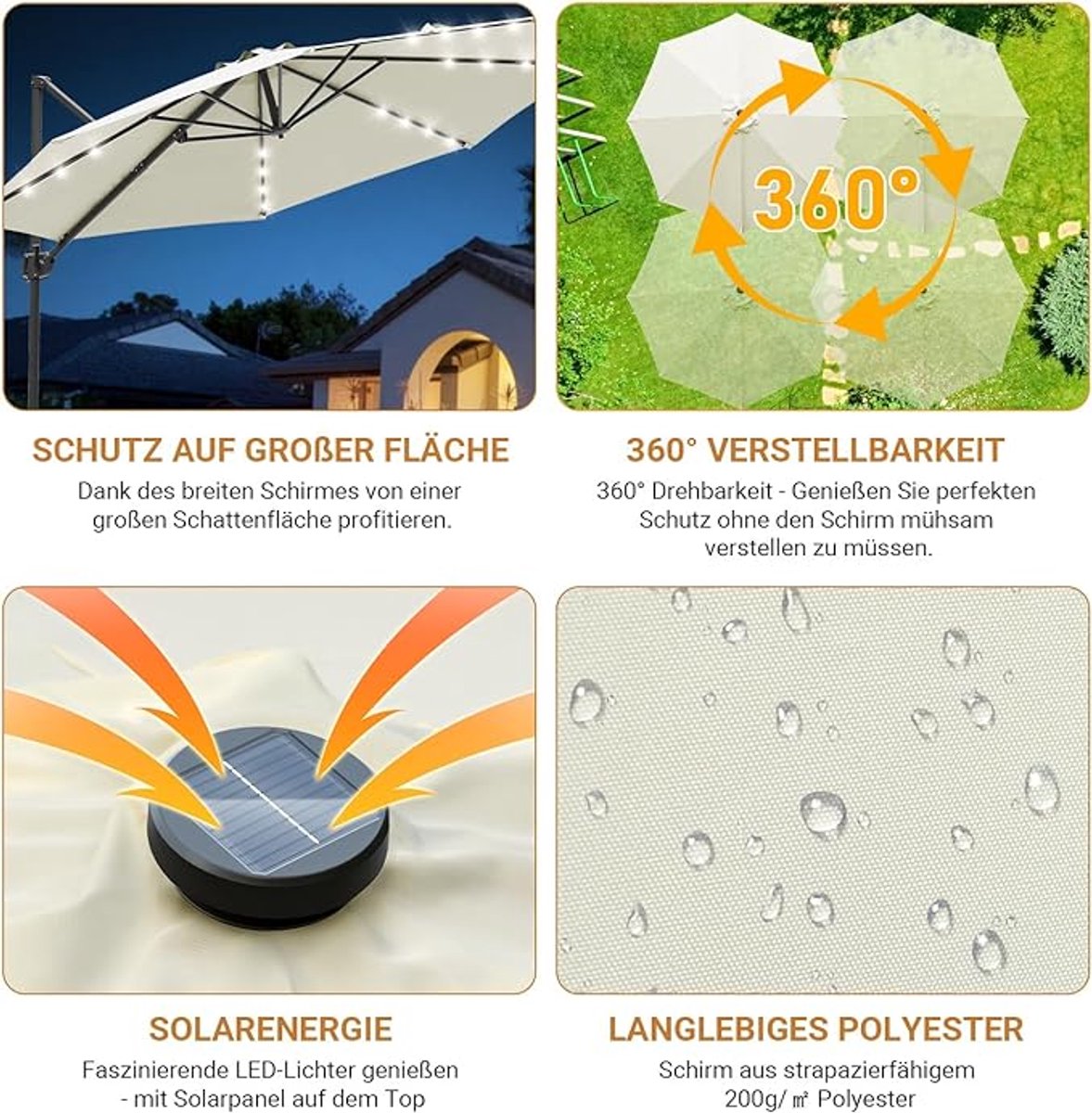 weefparasol Rechthoekig 300x300 cm met LED Solar Verlichting – 360° Draaibaar & Kantelbaar, Aluminium Frame, UV50+ Zonbescherming, Waterafstotend – Hoogte Verstelbaar – Antraciet – Nicolehome