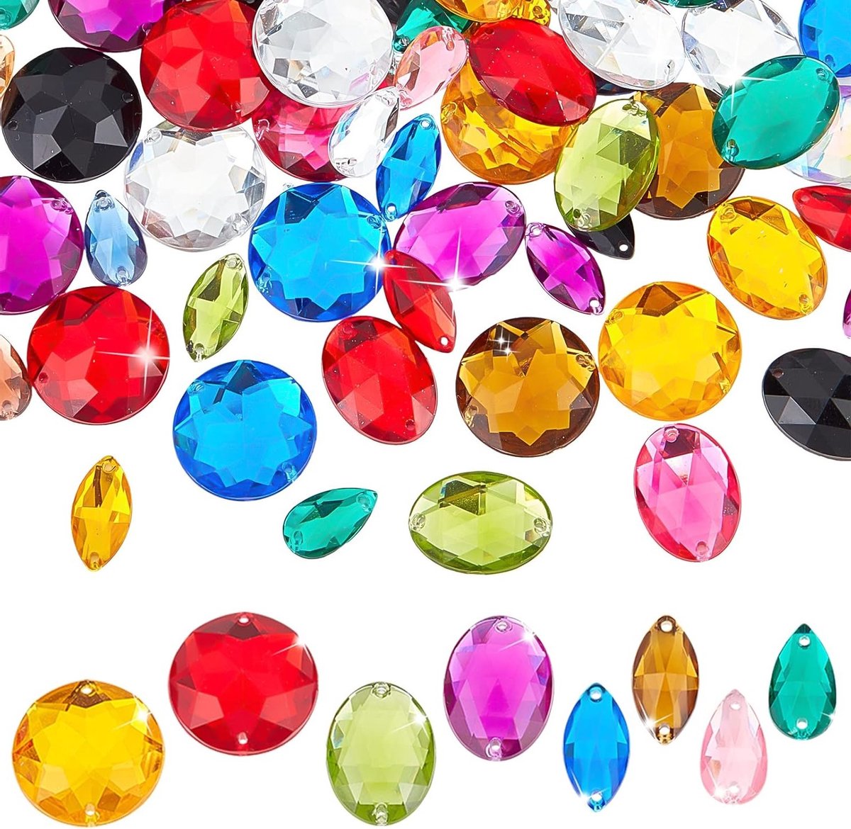 80 Stuks Facet Geslepen Acryl Rhinestones met 2 Gaten voor Sieraden, Kleding en Accessoires in 10 Kleuren en 4 Stijlen