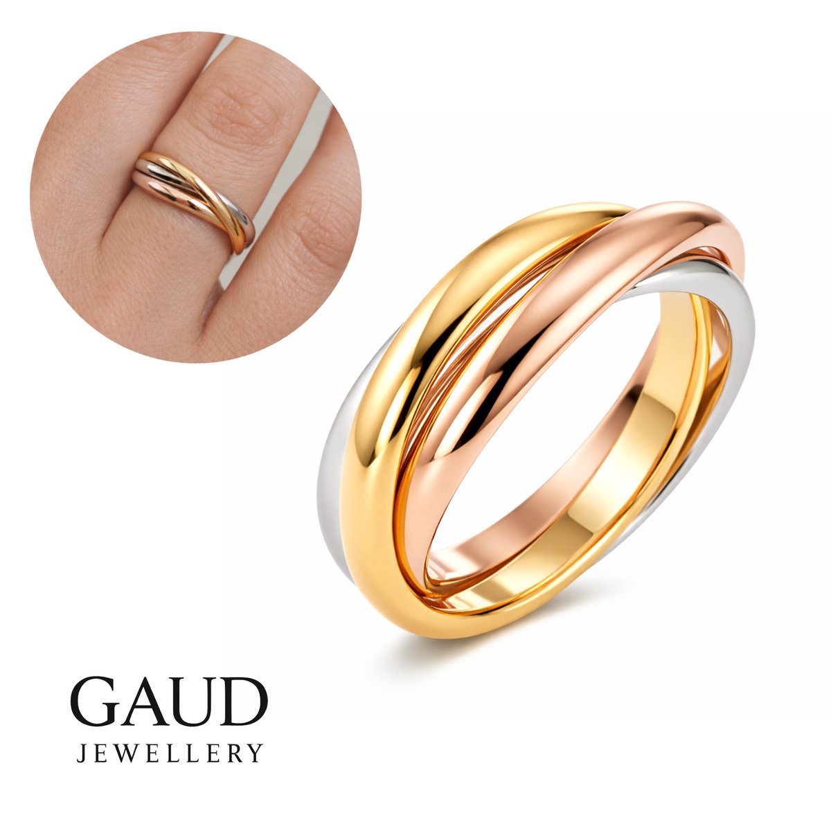 GAUD Merge Ring – Tricolor Stainless Steel (Goud, Zilver & Brons) – Maat 57 – Interlocking Design – Inclusief GAUD Gift Box