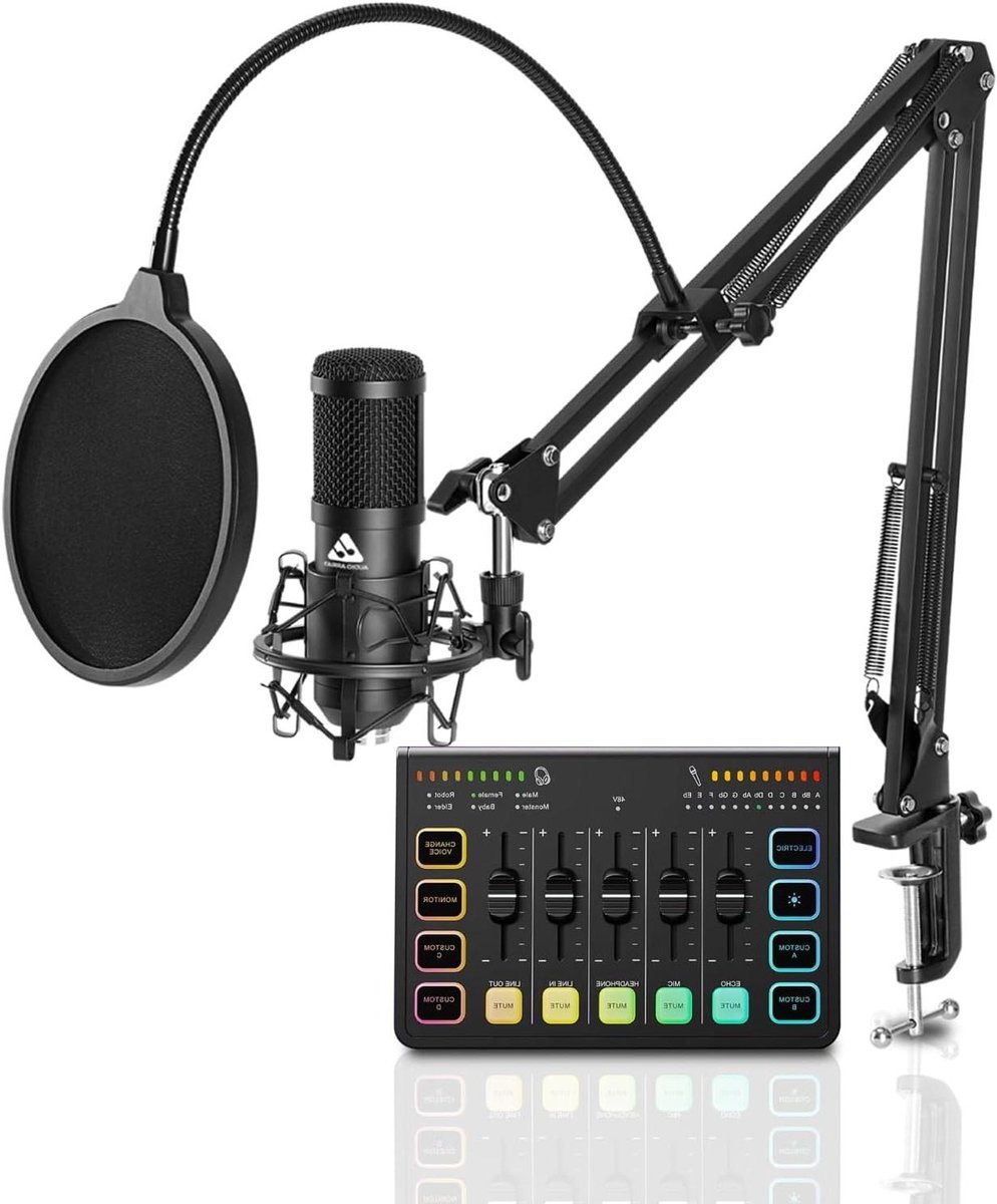 Streaming Microfoon Kit - Podcast Microfoon Geluidskaart - Content Creëren Live - RGB Verlichting Fantoomvoeding