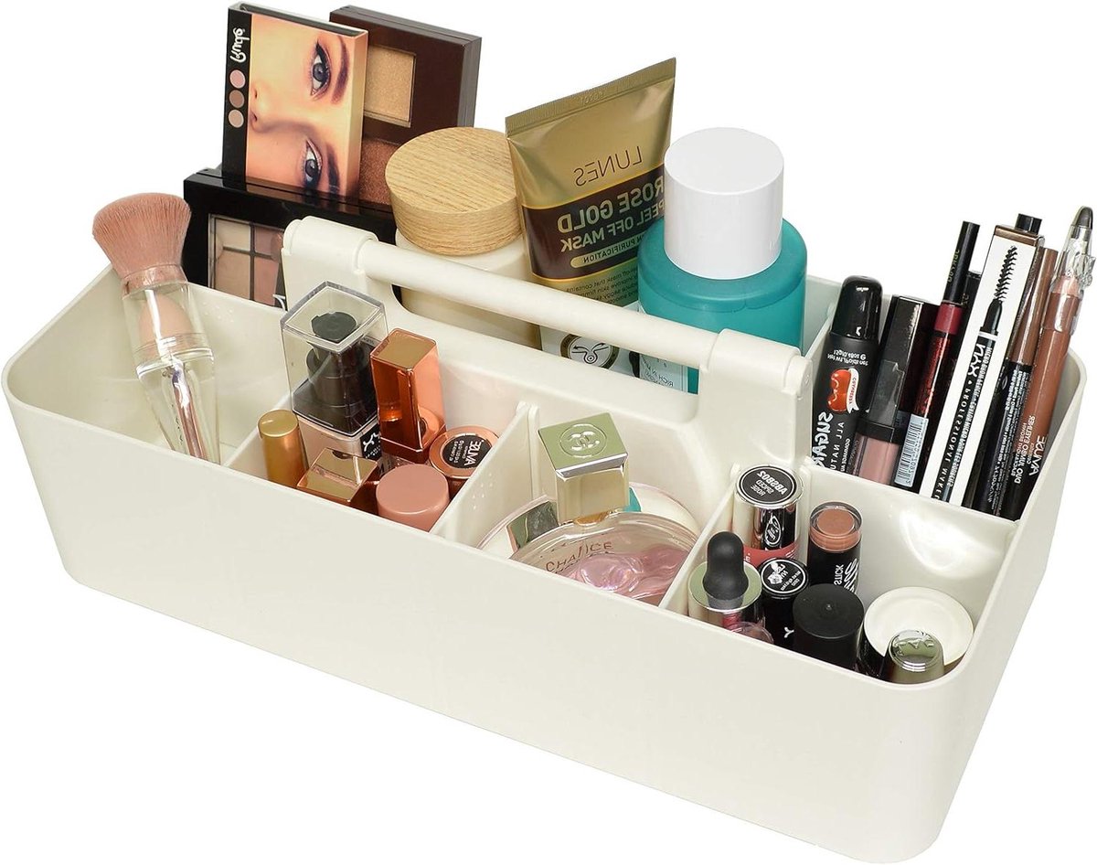 Make-up Organizer Caddy - Opbergmand Tas - Badkamer Opslag - 8 Verwijderbare Compartimenten - 38x18x13 cm - Ivoor