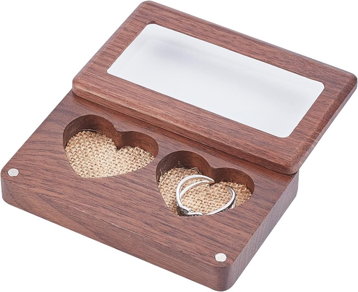Dubbele Hart Ringdoos, Rustieke Ringdrager met Eenvoudige Gegraveerde Houten Kussen Ringhouder voor Trouwerij, Verloving en Valentijnsdag, 3.7x2.4x0.8/9.5x6x1.8cm, Perfect voor Huwelijksaccessoires en Cadeaus