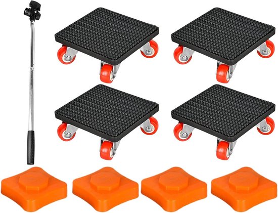 Complete set voor meubeltransport: vier zwarte rollers met rode wielen, een metalen tilstang en vier oranje verhogers.