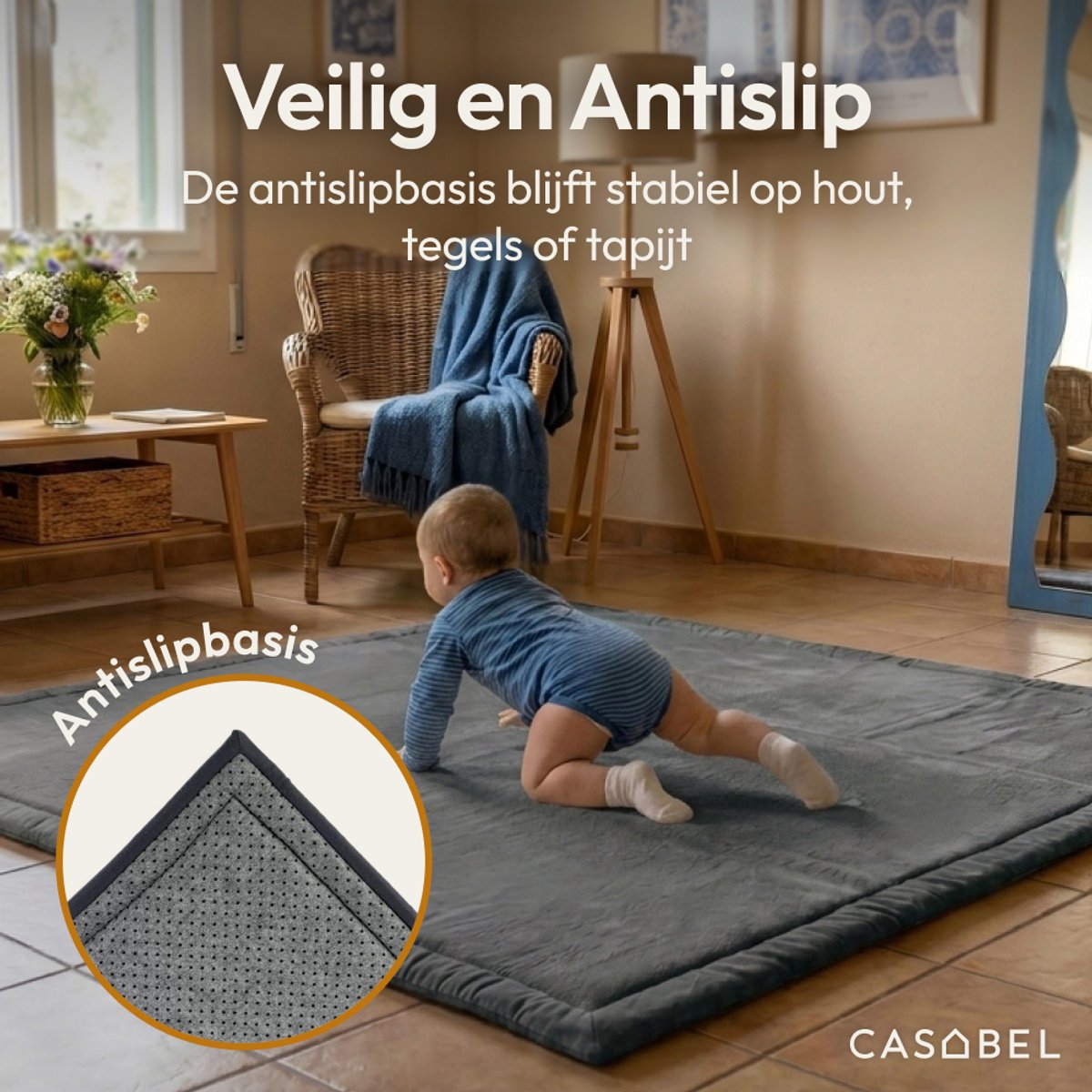CASABEL Baby Speelmat van Grijs Fluweel 120×120 cm, Dik en Zacht, Schuim, Antislip Onderkant thumbnail 6