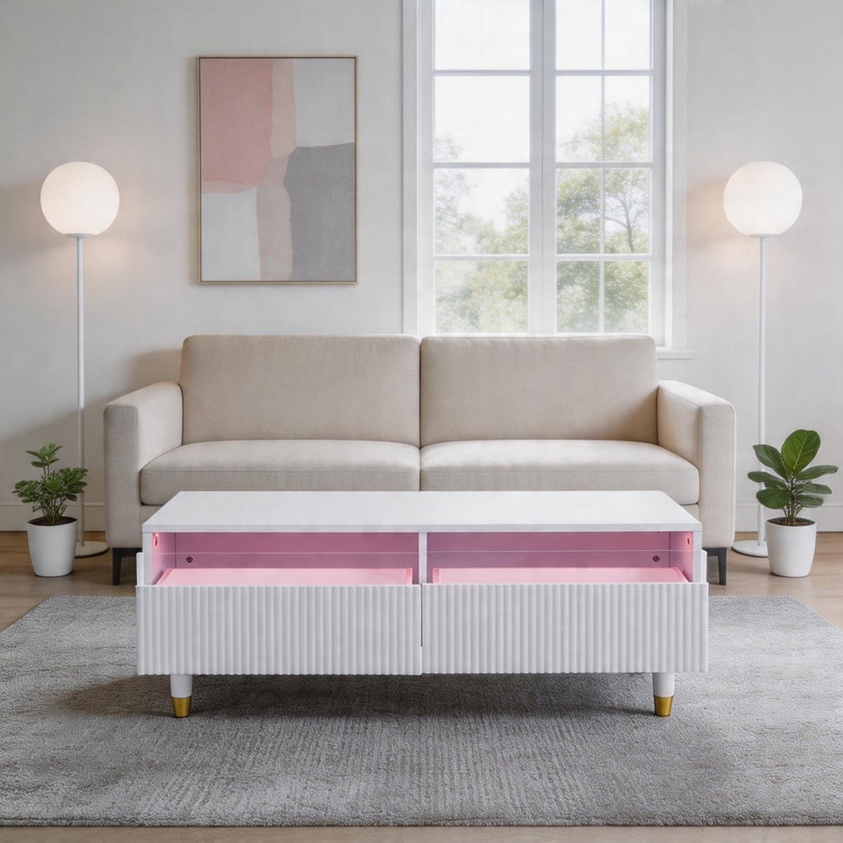 KOMHTOM Moderne LED-salontafel - Golvend ladeblad - Goud-witte poten - Twee lades - LED-lichtstrip die van kleur verandert - Bijpassende tv-kast verkrijgbaar