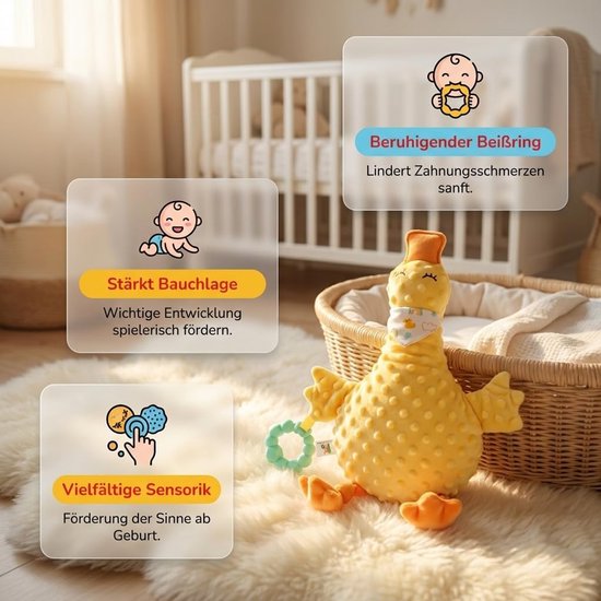 Babyspeelgoed Eend - Pluche dier - Babyontwikkeling stimuleren - Met bijtring en texturen - Vanaf 0 maanden - Geel — afbeelding 3