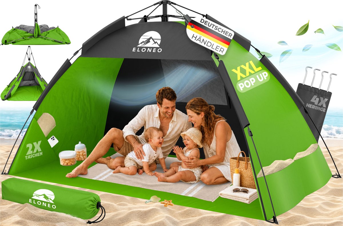ELONEO Pop-up Strandtent UV-bescherming 80+, Lichtgewicht en compact inkl. draagtas, Strandzonwering & windbescherming voor baby’s en volwassenen - XXL Groen
