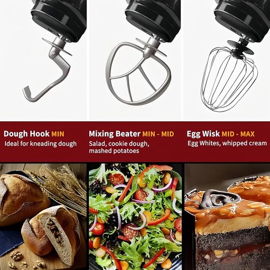 XS-004 Standmixer, 5 liter roestvrijstalen kom, menger met kantelbare kop, universele keukenmachine met 6 snelheden, met 4 accessoires van Traumheim — afbeelding 4