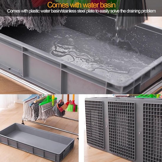 Mobiele Bezeme Wagen - Schoonmaakkar - Schoonmaak Organiseren - Met Drip Tray - 66 x 42 x 105 cm - Zilver — afbeelding 2