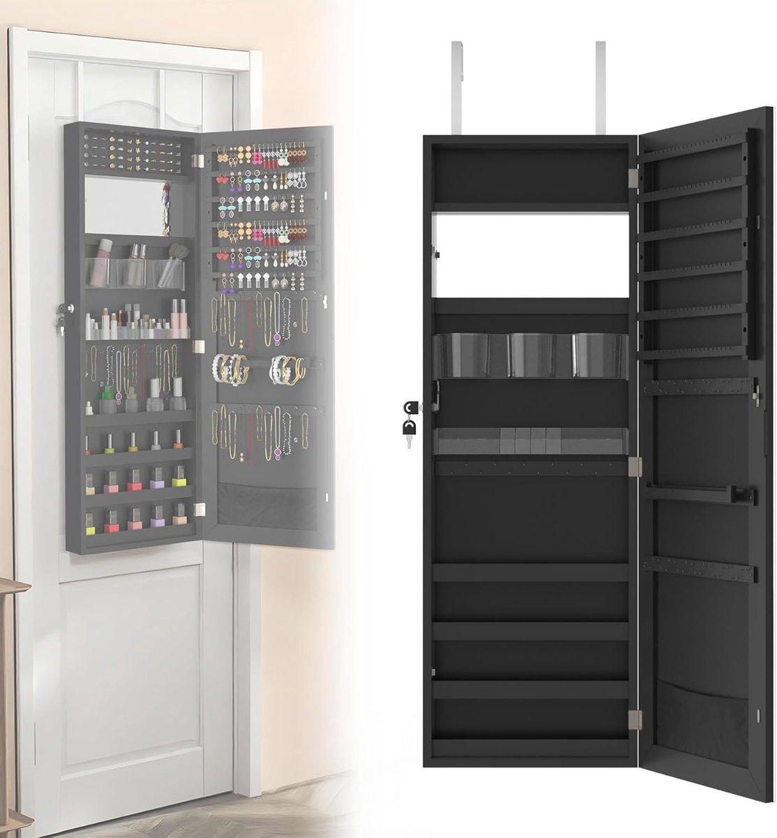 Hanging Jewelry Cabinet met Spiegel, Wandgemonteerde Sieradenopberger, Lockable en Ruimtebesparend, 107.5 x 36.5 x 9.5 cm, Perfect voor Organiseren en Opslaan van Sieraden
