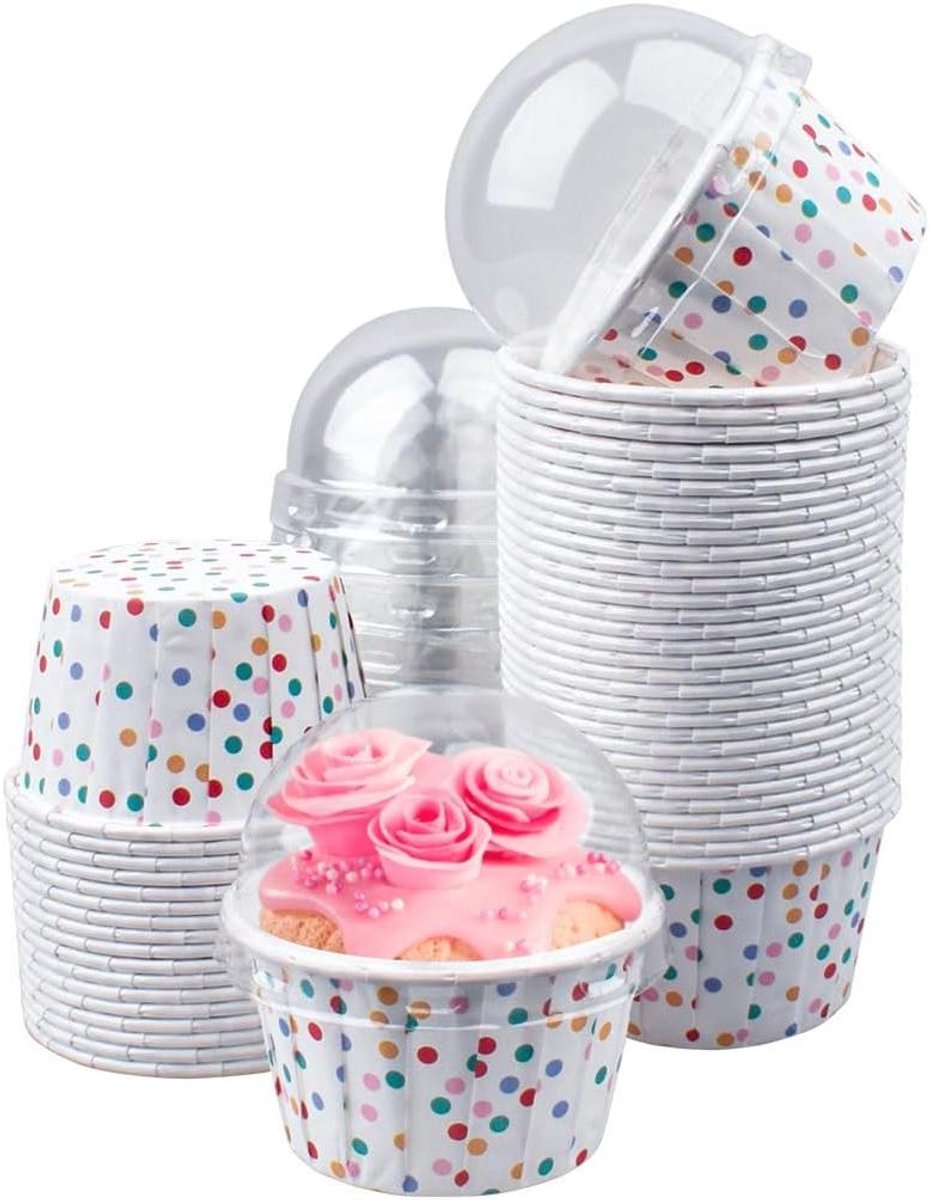 Cupcake Bakvormpjes - Muffin Bekers - Feestelijke Gebakjes - Met Transparante Deksel - 50 Stuks - Meerkleurig