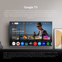 Tv-scherm met Google TV-interface, met apps zoals Netflix, YouTube en Prime Video.
