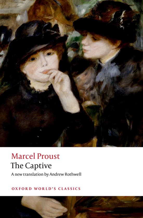 Boekomslag van 'The Captive' van Marcel Proust, met een schilderij van twee vrouwen met hoeden.