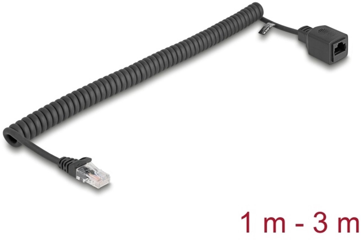 Delock RJ45 Coiled Cable plug to jack Cat.5e UTP 1 m to 3 m black