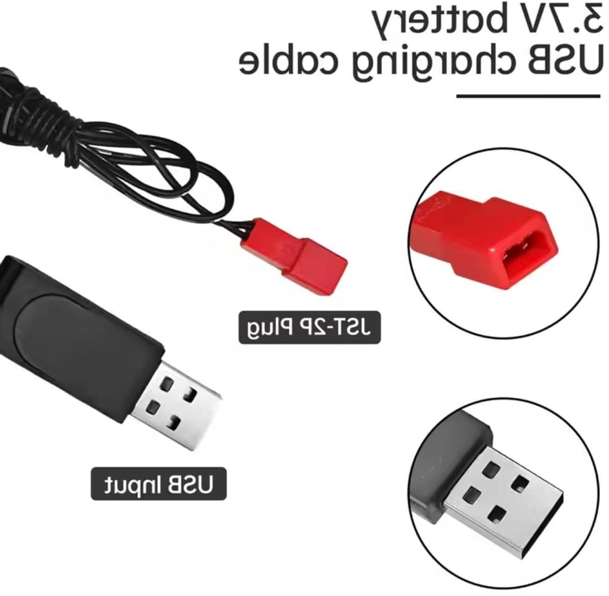 Oplaadkabels Set - USB Laders - Accu's Opladen - Met JST Connector - 10 Stuks - Zwart